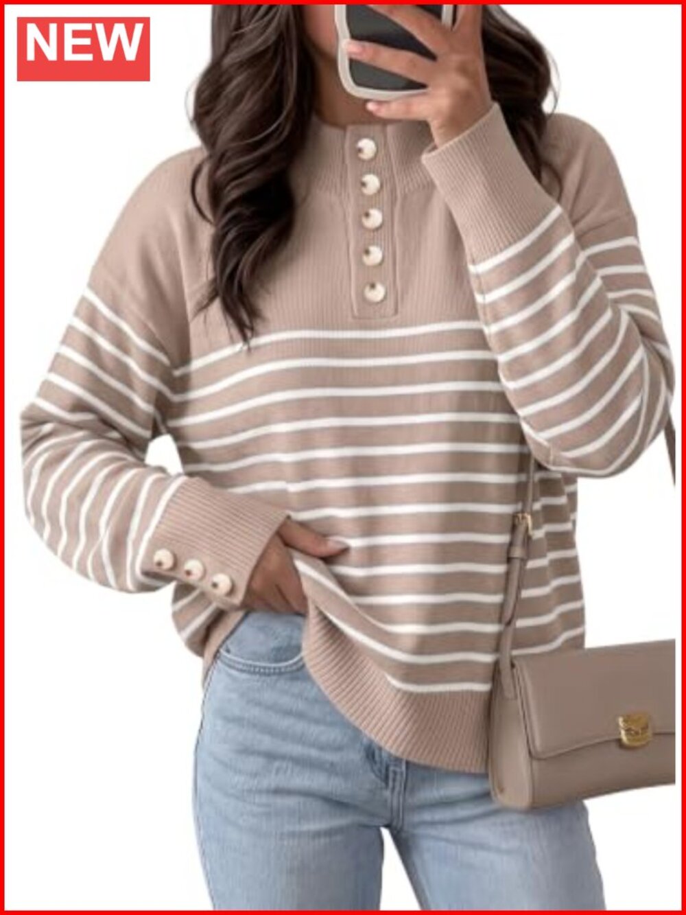 Women's Striped Oversized Sweater, Viscose Blend, Collared Half Button Long